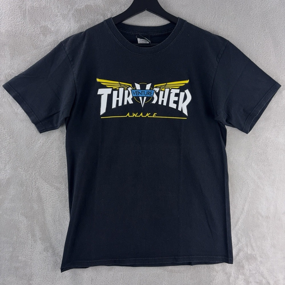Thrasher Venture Awake T Shirt Mens Size Medium Black Graphic‎ Skate